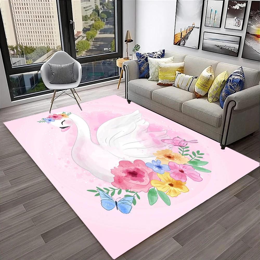 Cute Swan Princess Carpet Cartoon Animal Rug for Girl Teen Bedroom Sofa Decor Non-slip Floor Mat Entrance Doormat Kitchen Rugs
