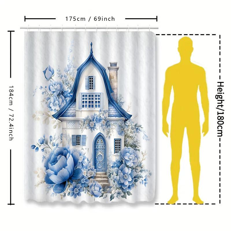 Blue Floral House Shower Curtain For Bathroom - Waterproof And Durable With Elegant Design Suitable For Wet And Dry Separation