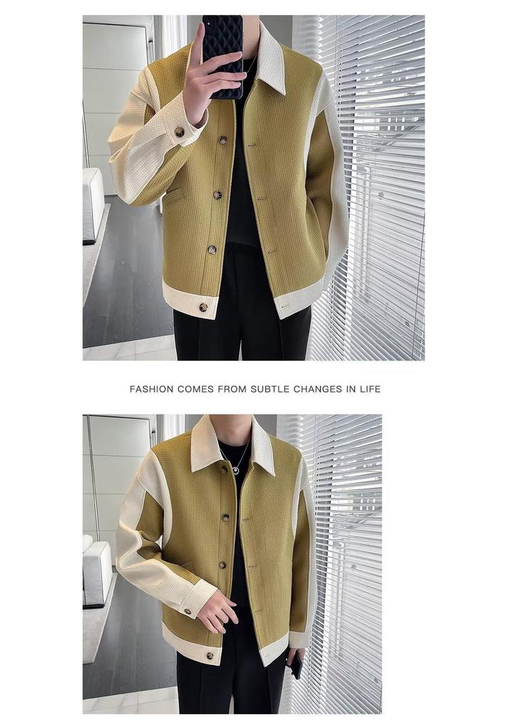 Men's Color Block Lapel Jacket - Korean Casual, Spring/Autumn Patchwork, Trendy High-End Feel