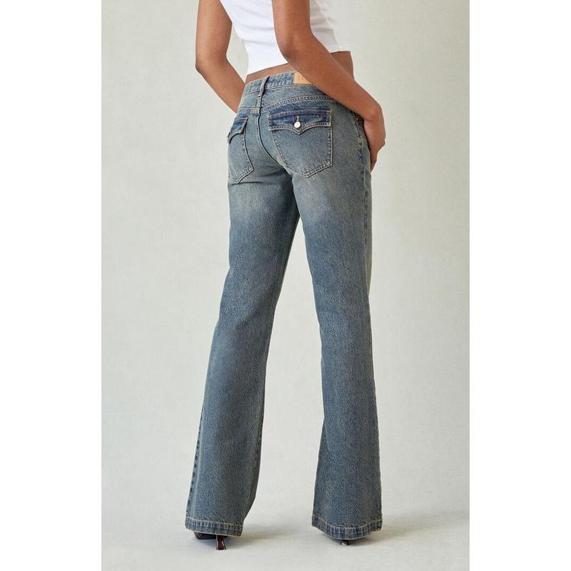 Damen Niedrige Taille Jeans Vintage Weit Ausgestellt Gerade Beine Verjüngt Baumwolle Lässig Frühling Jeans