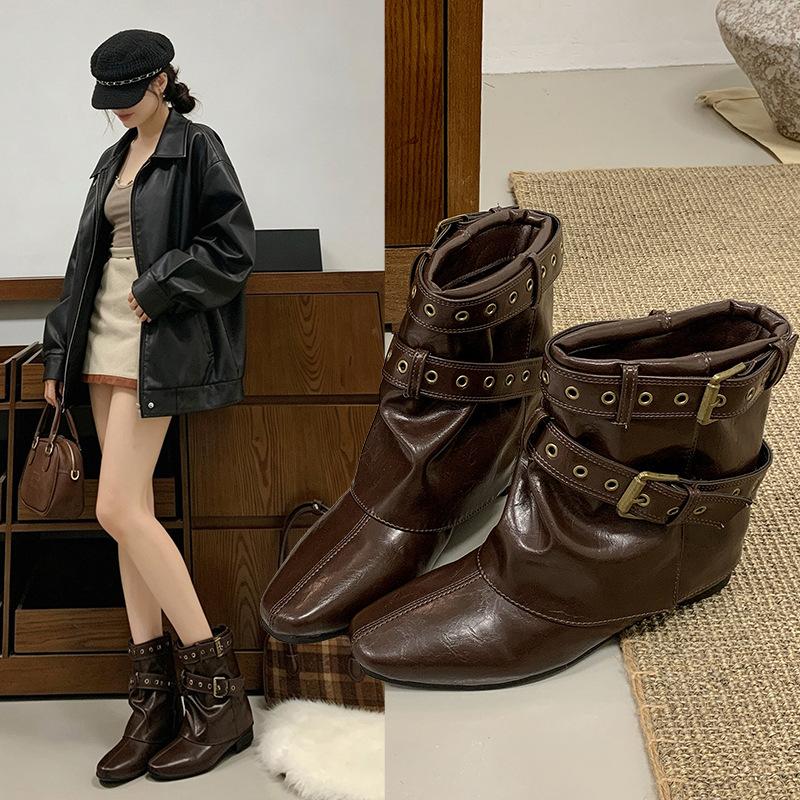 Retro Rivet Square Head Short Boots Women's Autumn and Winter New Double Buckle Belt Inner Heightening Fashion Boots Versatile Martin Boots