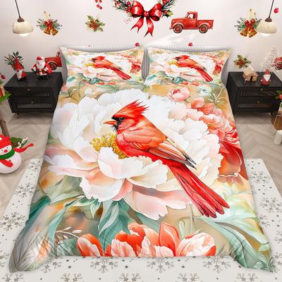 Homewish Cardinal Bird Duvet Cover Set Winter Flower Floral Comforter Cover Set Happy New Year Festival Bed Set