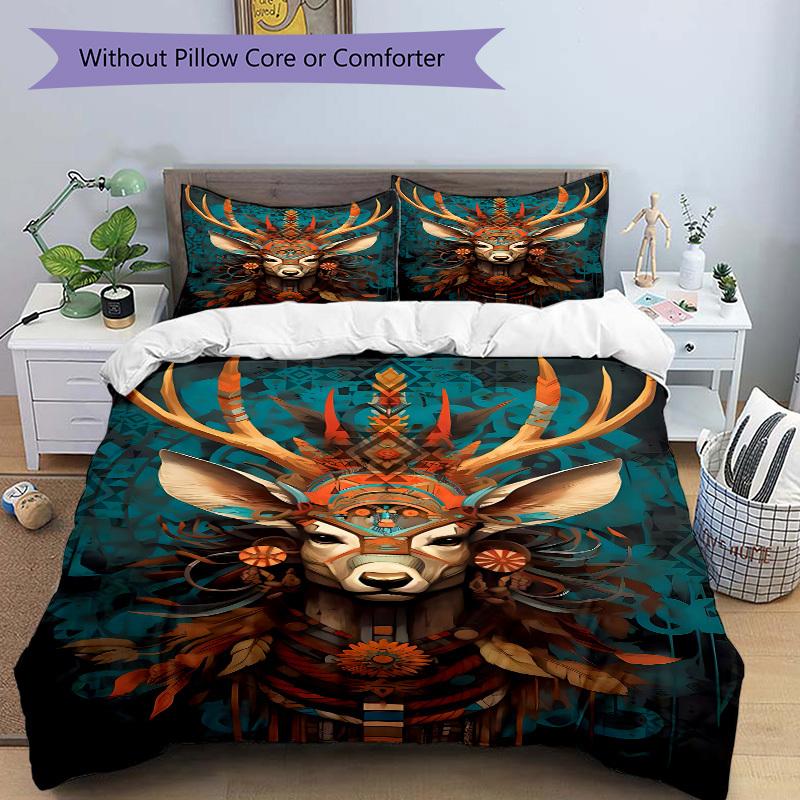 3pcs Deer Totem Soft Comfortable Bedding set, For Bedroom, Guest Room And Dorm, All - Season Use, High-Definition Printing174