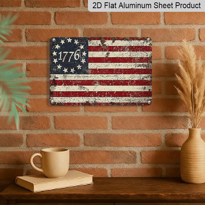 2D Flat Americana Style Vintage 13-Star American Flag Metal Sign - Rustic Aluminium Wall Hanging Plaque for Independence Day, Patriotic Fourth of