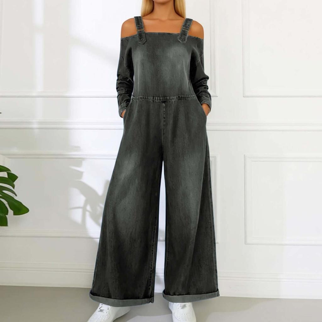 Ladies' Casual Denim Printed Long Sleeved Loose Pocket Jumpsuit