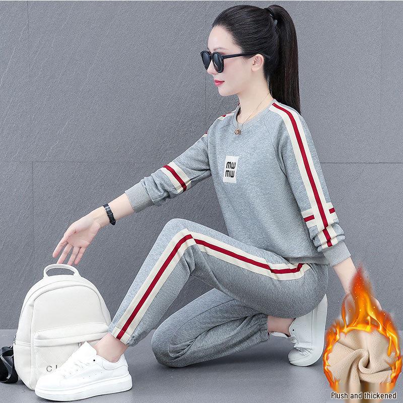 Khmer Women's Warm Sports Suit: Autumn/Winter Plush Hoodie & Sweatpants Two-Piece Set