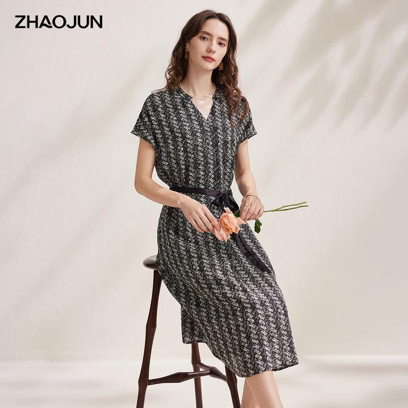 Zhaojun 2026 Silk Floral Short-Sleeve Tie-Waist Dress L