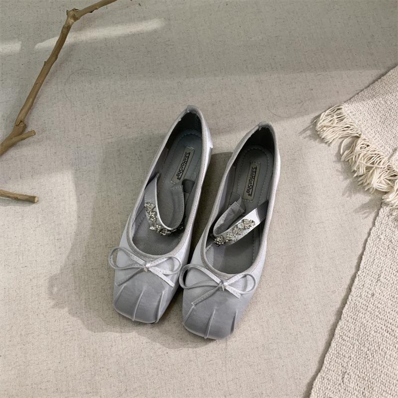 2025 spring and autumn new fairy style bow French single shoes one word rhinestone flat Mary Jane shoes women's shoes