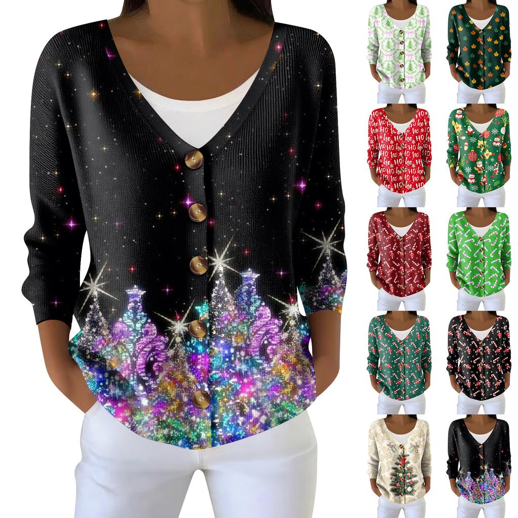 Women's Fashion Long Sleeve Christmas Snowman Snowflake Print Jacket Cardigan