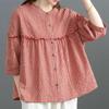 Camicia Primavera ed Estate Donna Manica a Tre Quarti Larga Casual a Quadri Collo Alto Top