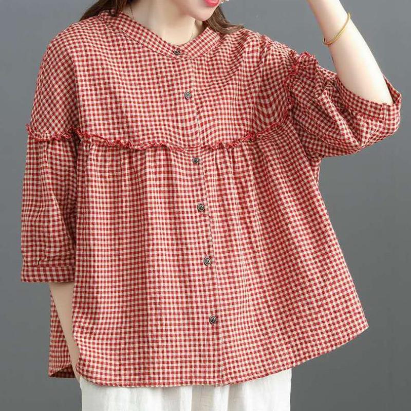 Camicia Primavera ed Estate Donna Manica a Tre Quarti Larga Casual a Quadri Collo Alto Top