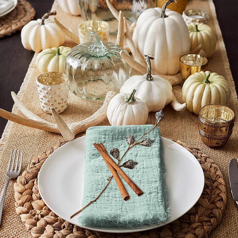 6pcs 32x32cm 100% Cotton Soft Beige Gauze C Wedding Napkins Reusable Blue Trim Tea Towel Rustic Retro Burrs Napkins For Dinner,Party,Weddings