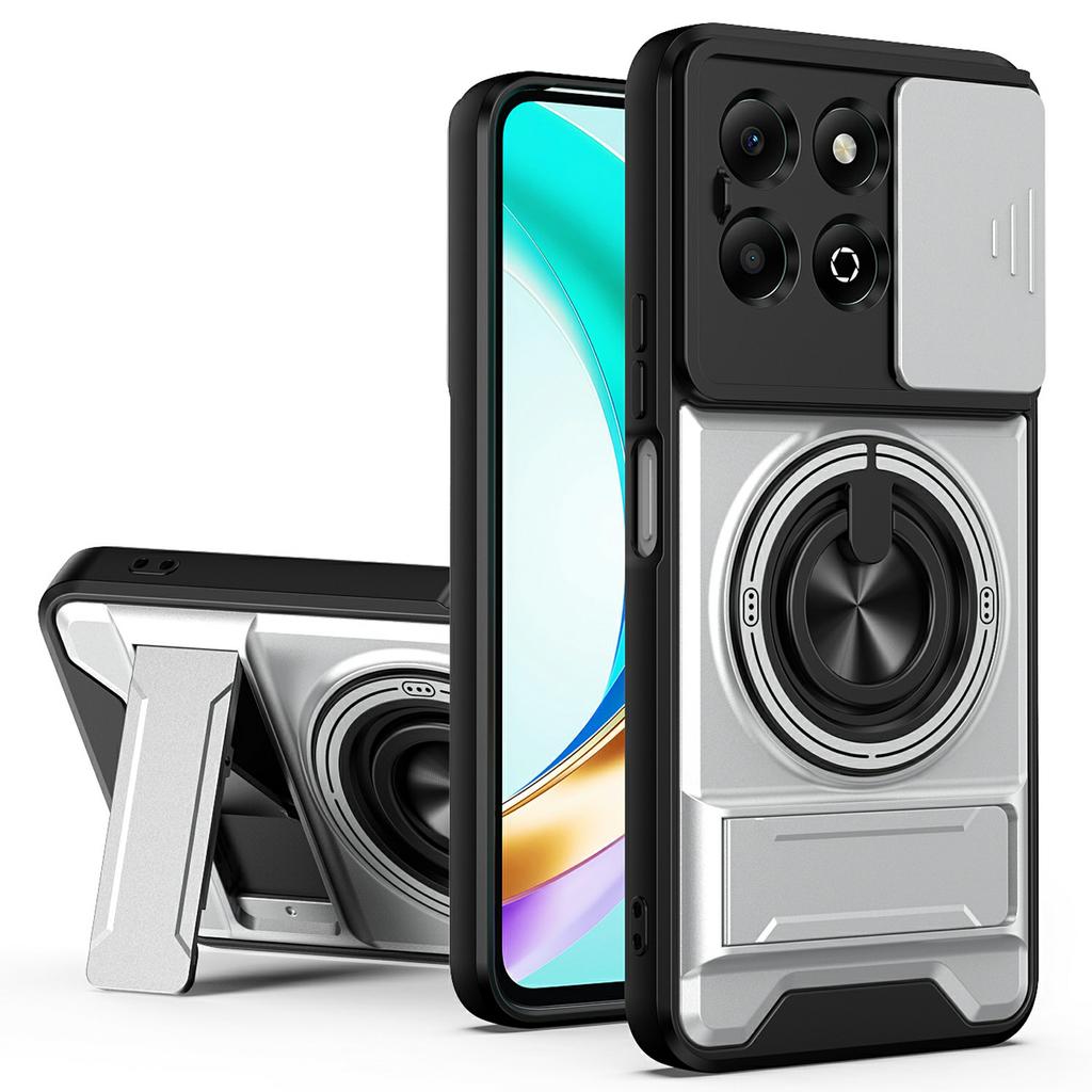 For Honor X6b 4G Magnetic Case Ring Holder Foldable Kickstand TPU PC Phone Cover with Camera Lens Slider