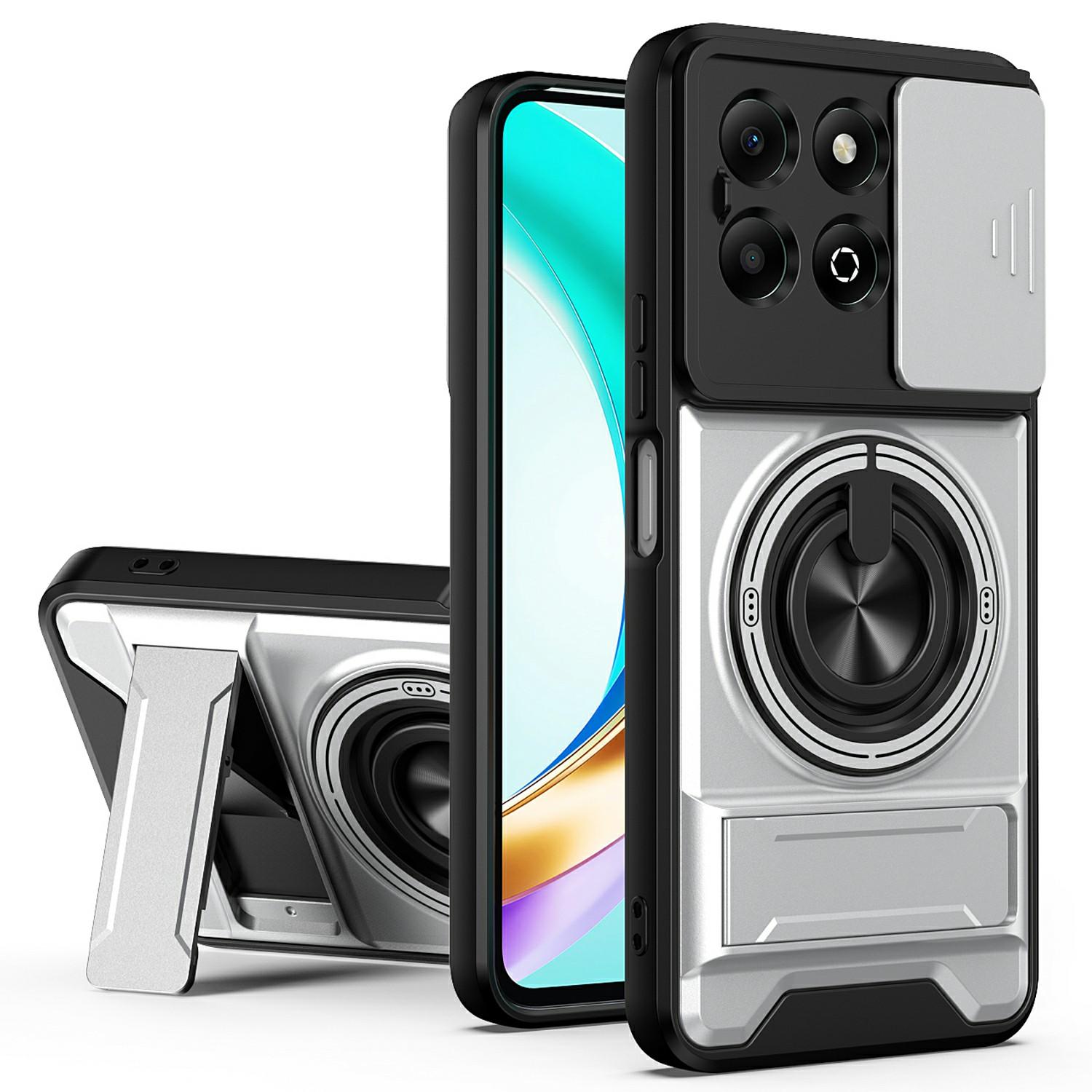 

For Honor X6b 4G Magnetic Case Ring Holder Foldable Kickstand TPU PC Phone Cover with Camera Lens Slider