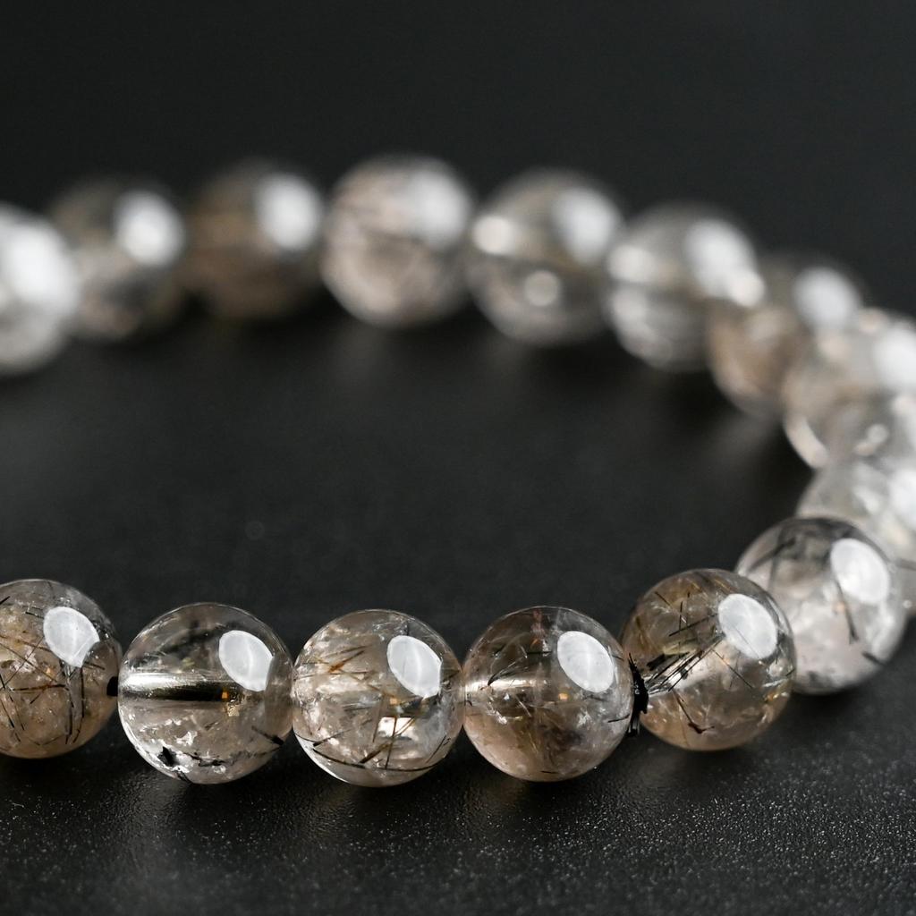 Black Smoky Rutilated Quartz Bracelet Tourmaline in 9mm 16cm Wrist Limited Natural Power Prayer Good Luck Feng Shui [Eigado] (Black Quartz) Stone,