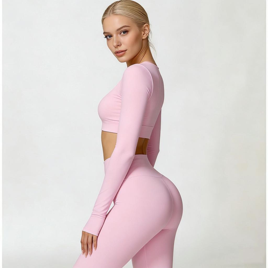 Women Tight‑Fit Yoga 2‑Piece Set, High‑Waist Quick‑Dry Long‑Sleeve Workout Outfit for Outdoor Running Fitness