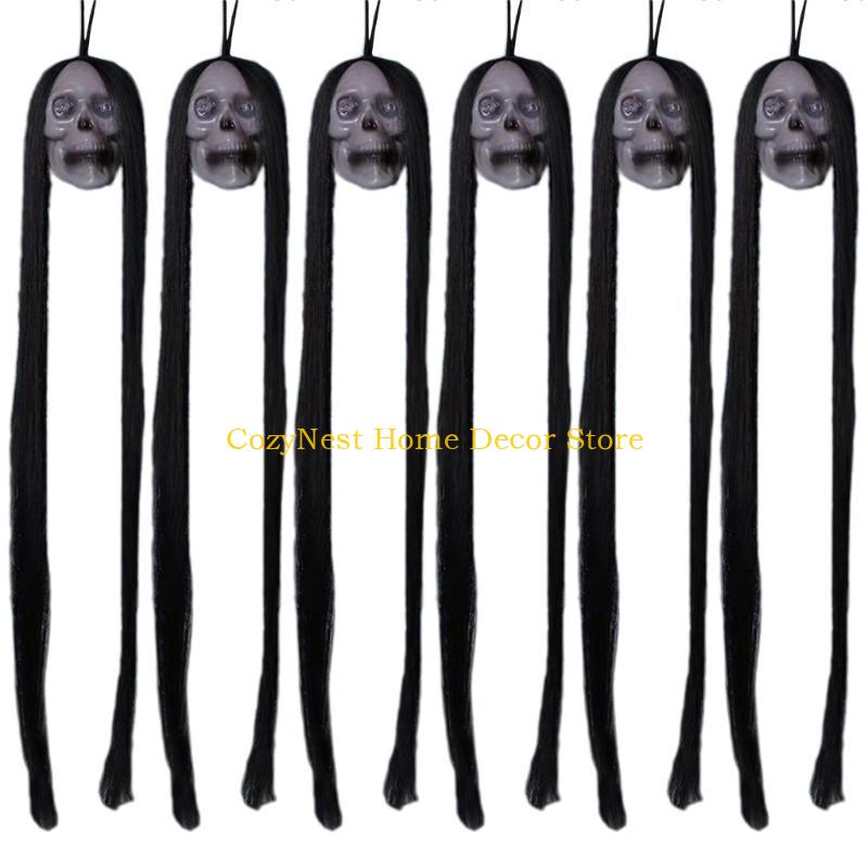 92MF Halloween Yard Decoration Flashing Eye Terrifying Long Hair Skull Party Props