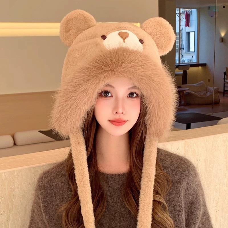 Winter Cartoon Cute Plush Hat Small Bear Raven Hat Women's Outdoor Fashionable Warm Ear Mountaineering hat