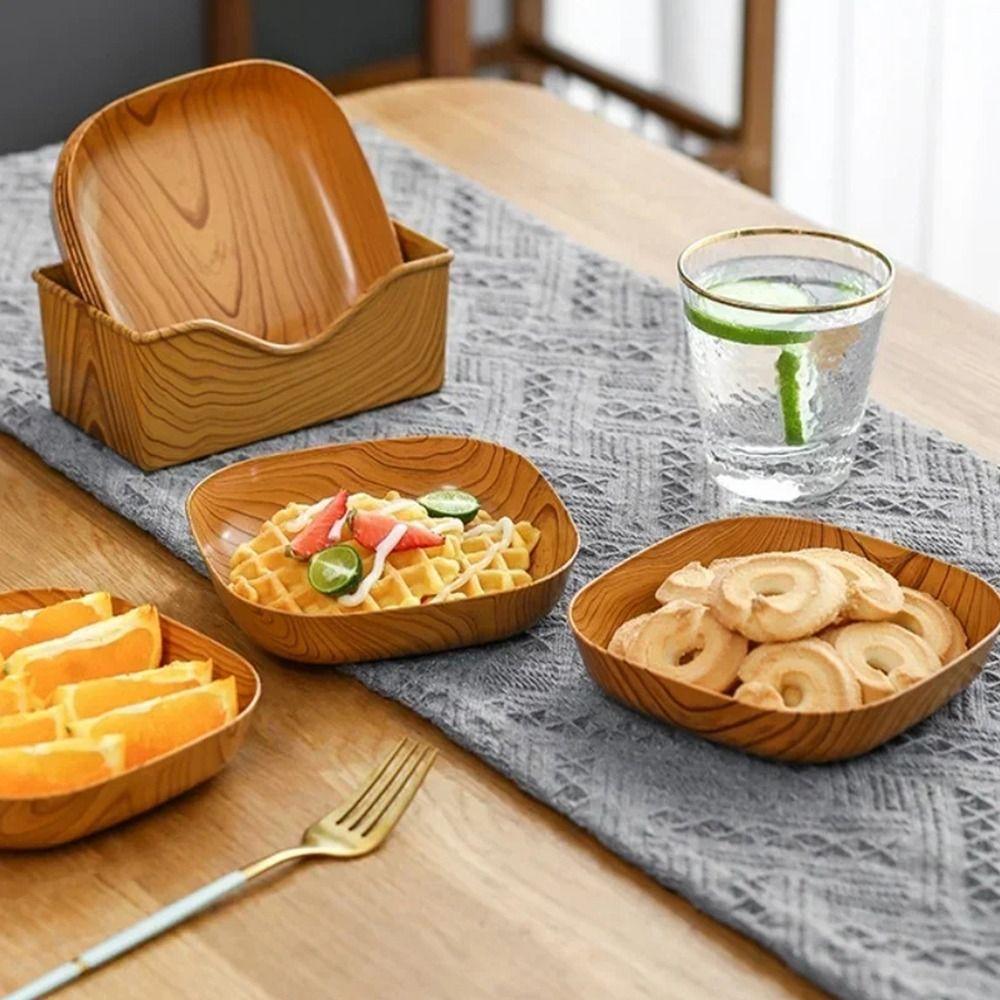 7Pcs/Set Durable Imitation Wood Grain Snack Plates Plastic Small Simple Tea Art Dish with Storage Box 14cm Square Tray