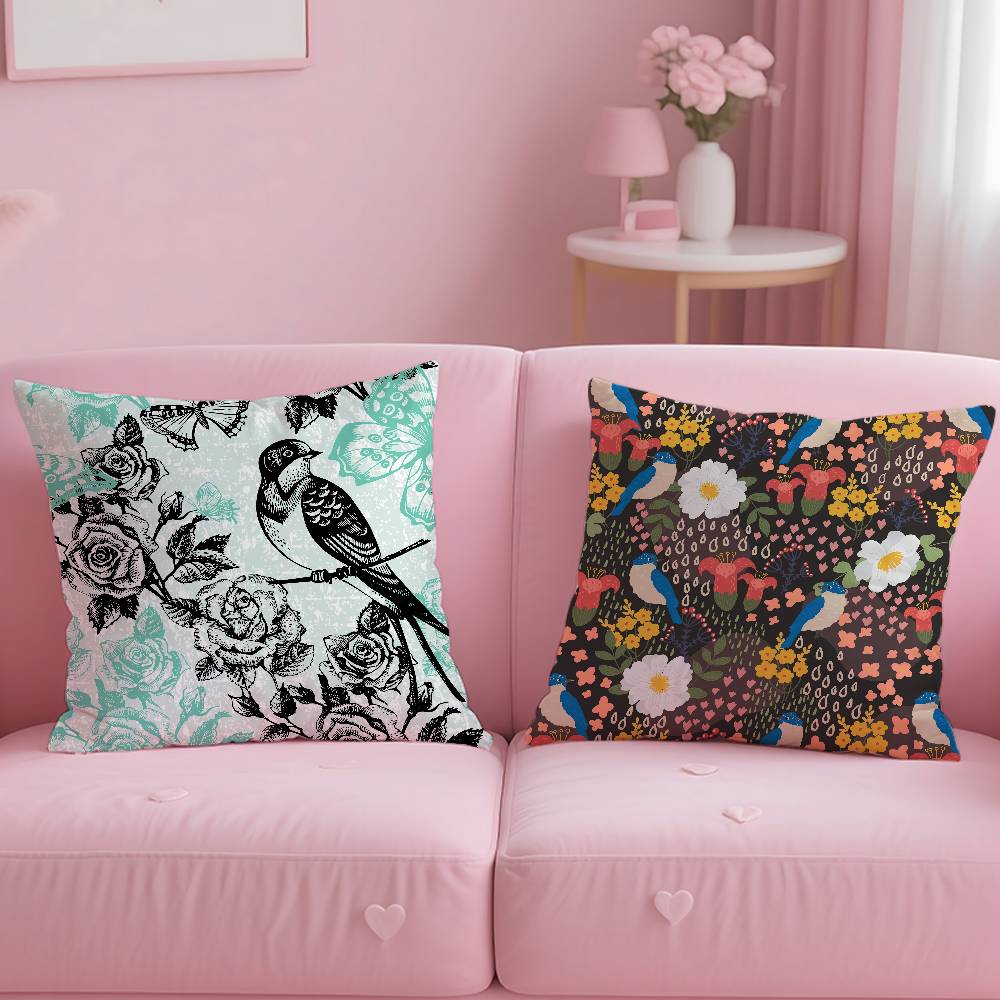 Birds Butterflies Flowers Pillow Case Comfort Sofa Bed Silky Elegant Invisible Zipper Custom Decorative Cushion Cover