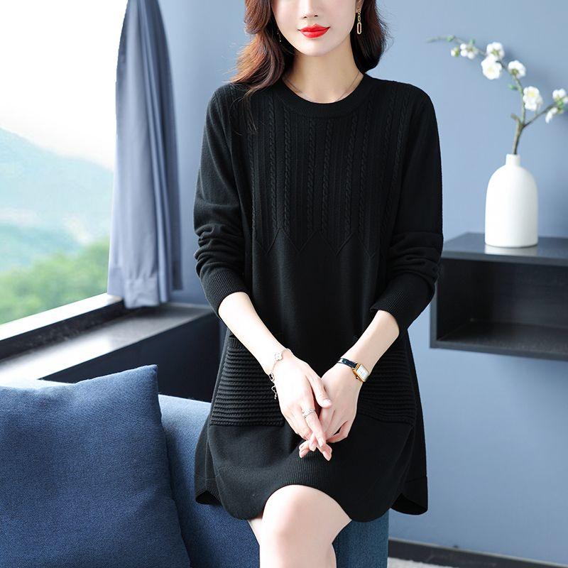 Women's Plus-Size Sweater Autumn Winter Warm Soft Stretchy Knit Top Loose Mid-length Sweater with Pockets