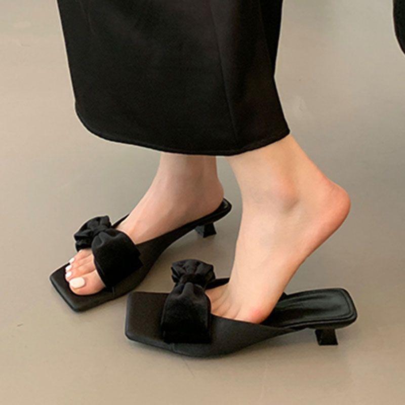 Fashion 2025 New Fashion Bow-knot Designer Women Mules Slippers Outdoor Square Toe Thin High Heels Sandal Party Dress Shoes Slippers