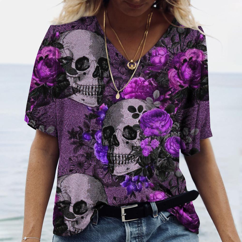 Summer V-neck 3D Skull Rose Print Top Fashionable Casual Short Sleeved Women's T-shirts