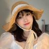New lace strap straw hat girl summer small fresh sweet fairy straw bucket hat shade