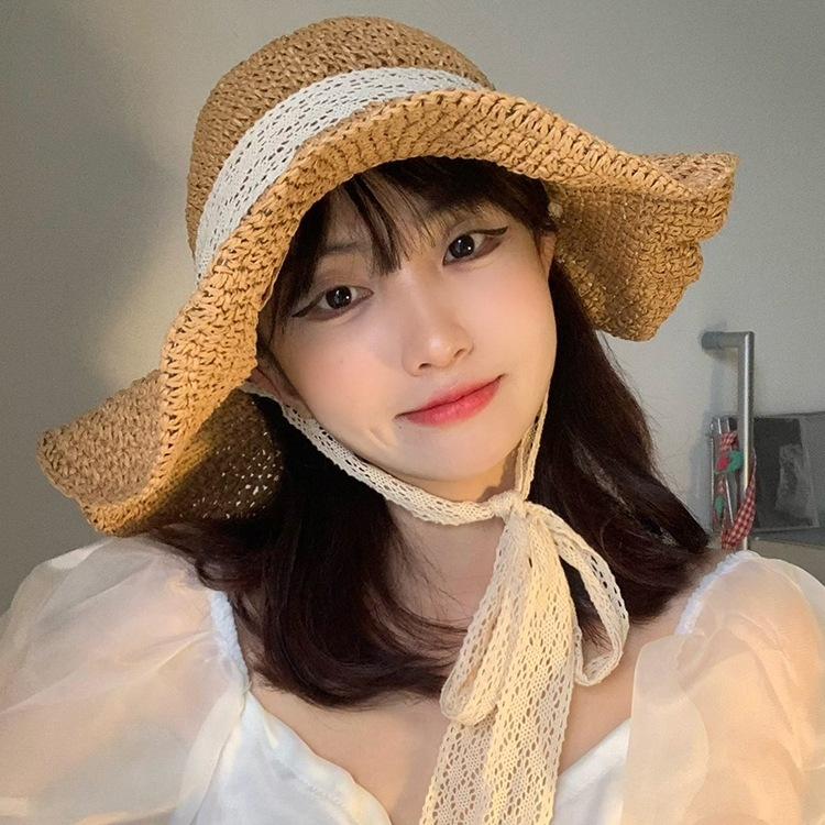 New lace strap straw hat girl summer small fresh sweet fairy straw bucket hat shade