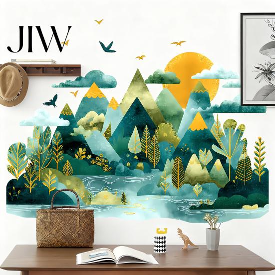Modern Nature Wall Murals 2Pcs Watercolor Mountain Sticker, Peel And Stick Landscape Decal, PVC Waterproof Scenery Fresh Style Home Decoration Mural,