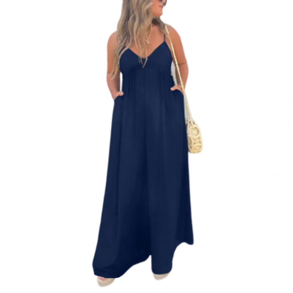 Summer Women Jumpsuit Deep V-Neck Sleeveless Backless Wide Leg Comfortable Fit Pure Color Pleated Spaghetti Strap Leisure Vacation Beach Lo