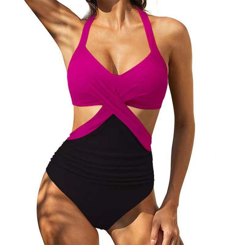 

One-piece Swimsuit Colorful Printed Splicing Cross-piece Hollow-out Sexy Leaky Back S