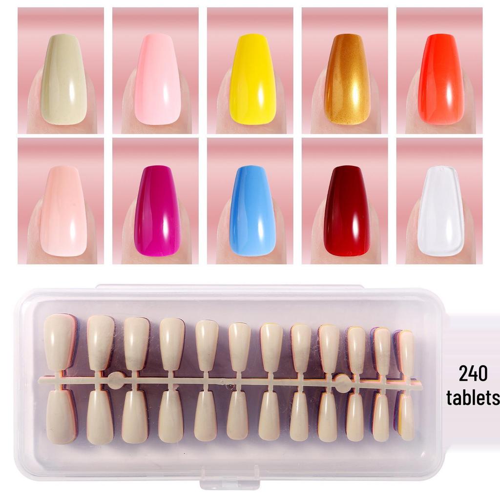 Solid Color Manicure Nail Tips Set with Multi-color Options - 240 Wearable Fake Nail Stickers