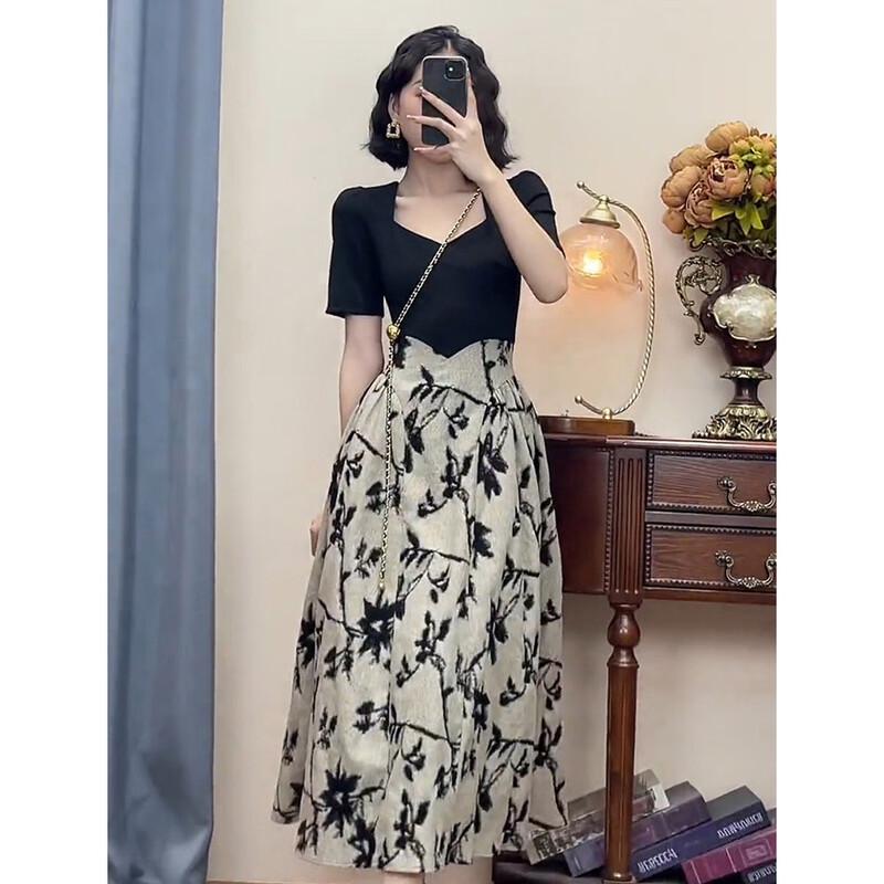 JK&JS Elegant French Style Patchwork Long Dress