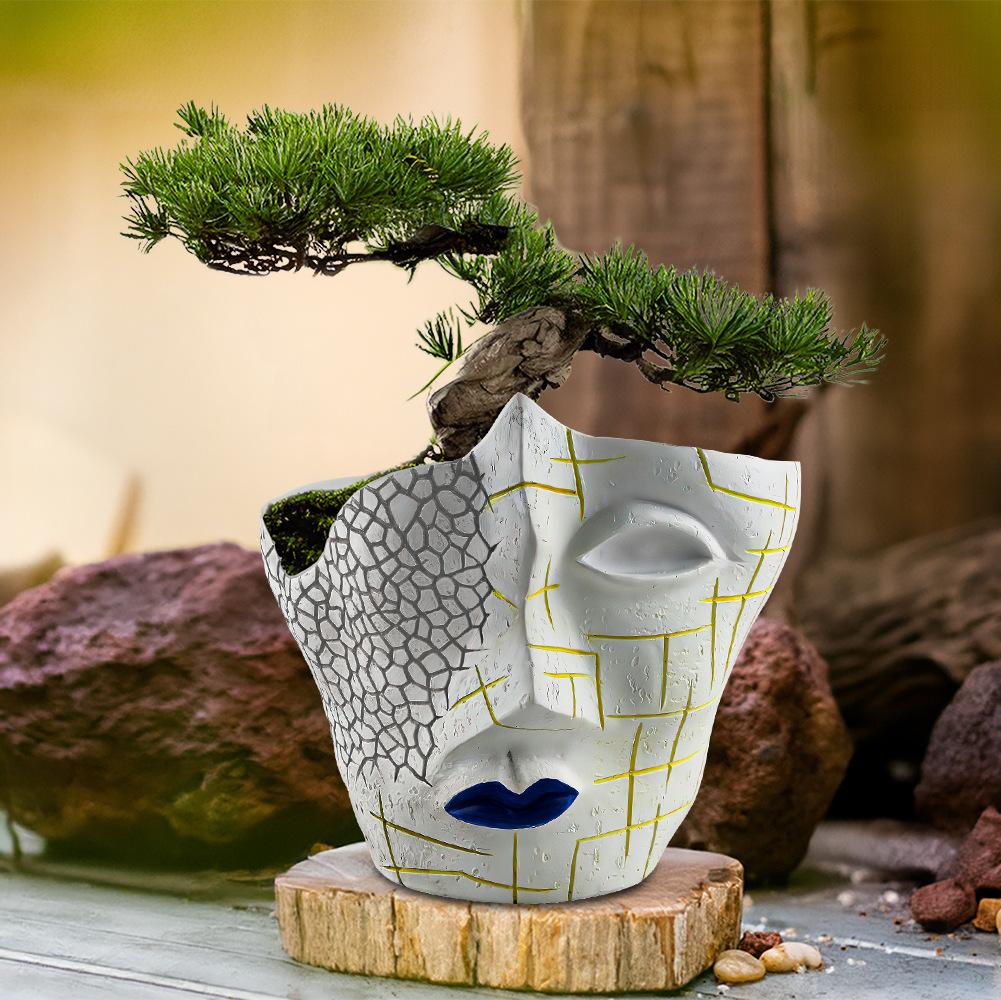 White Resin Craft Flower Pot Facial Crack Resin Flowerpot Creative Plant Potted Container Garden Supplies Ornaments Plants Pots