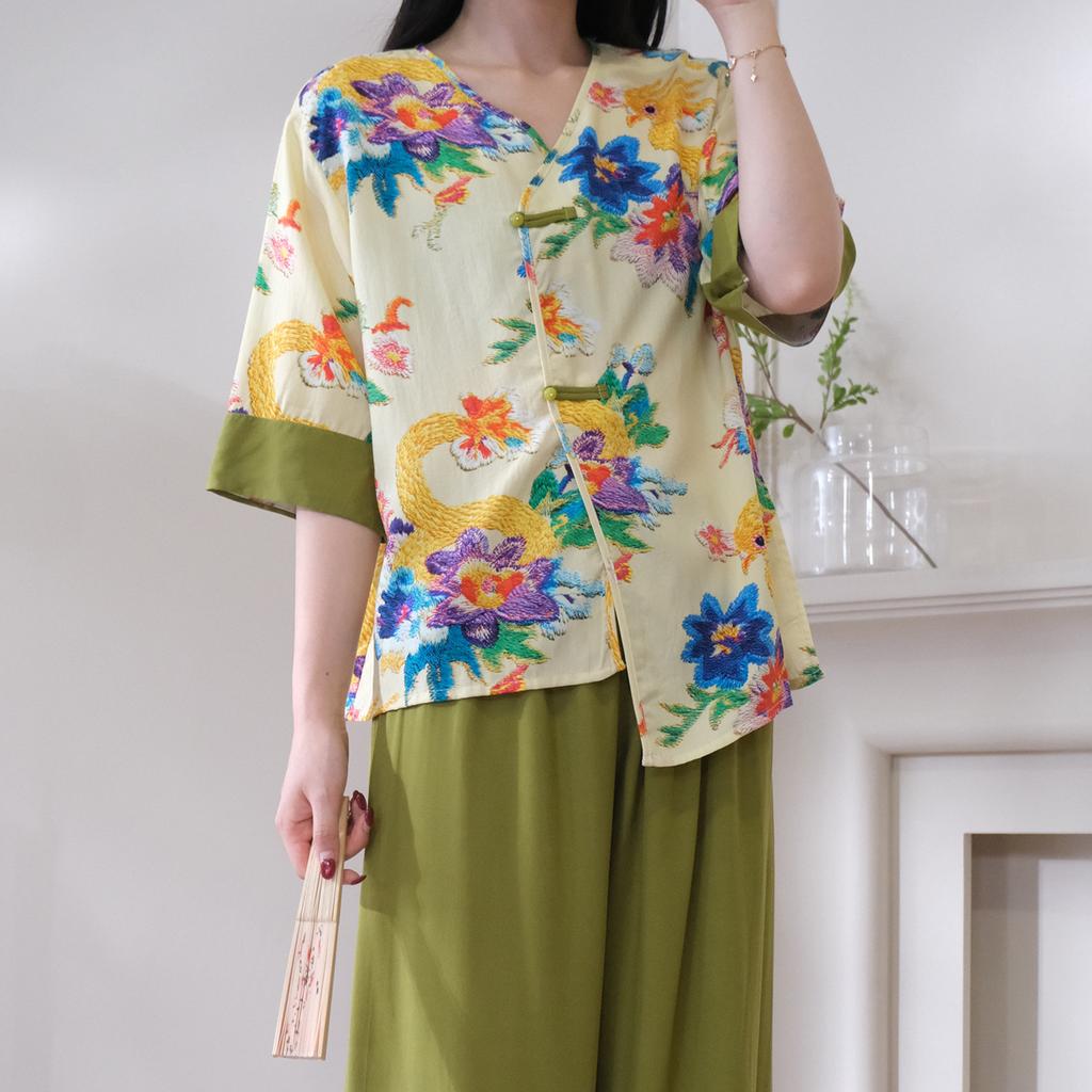 Button national style cotton silk pajamas women can wear cotton and silk suits in summer, retro printing can wear thin loungewear