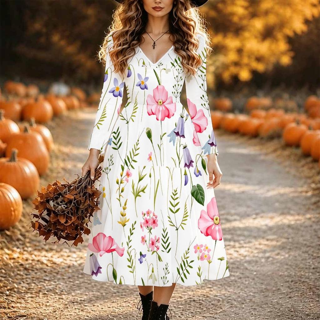 Halloween Women's Flower Print Midi Dress A Line Dress Vacation Casual Daily Regular Fit Long Sleeve V Neck Black Spring Fall