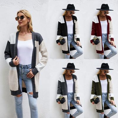 Loose Large Size Color Matching Knitted Cardigan Fashion Sweater Coat Women