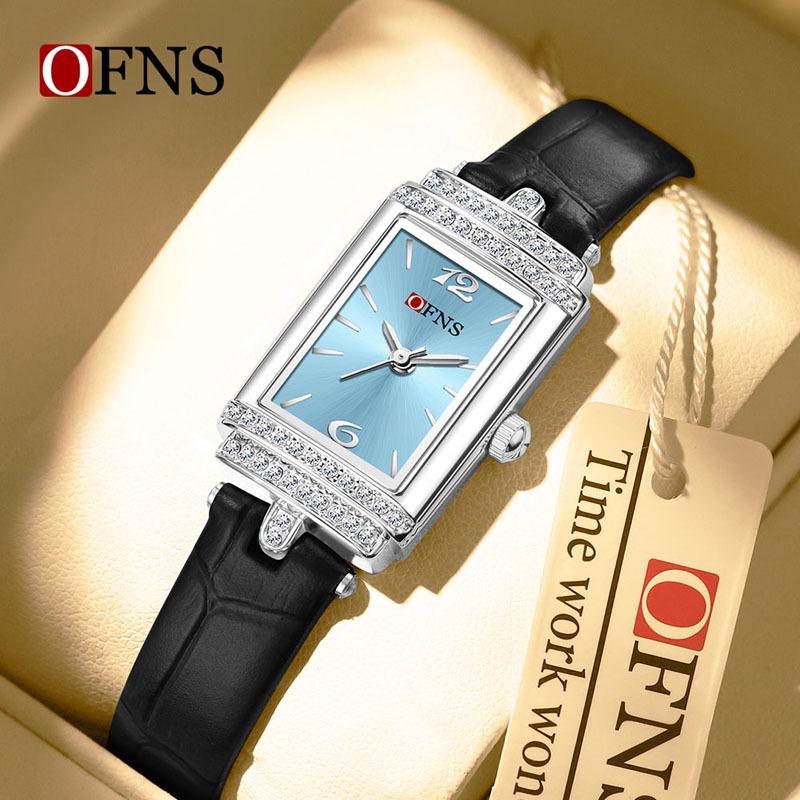 OFNS Women's Luxury Square Leather Strap Watch - Waterproof Quartz with Diamond Detailing