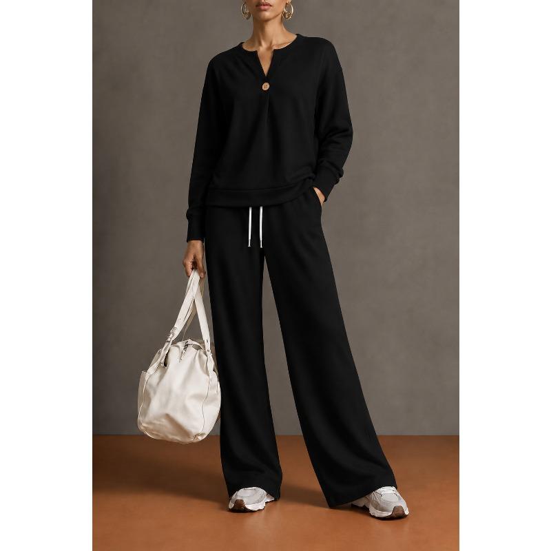 Damen Zweiteiliges Set Langarm-Sweatshirt und Weite Hosen Einfarbig Lässig
