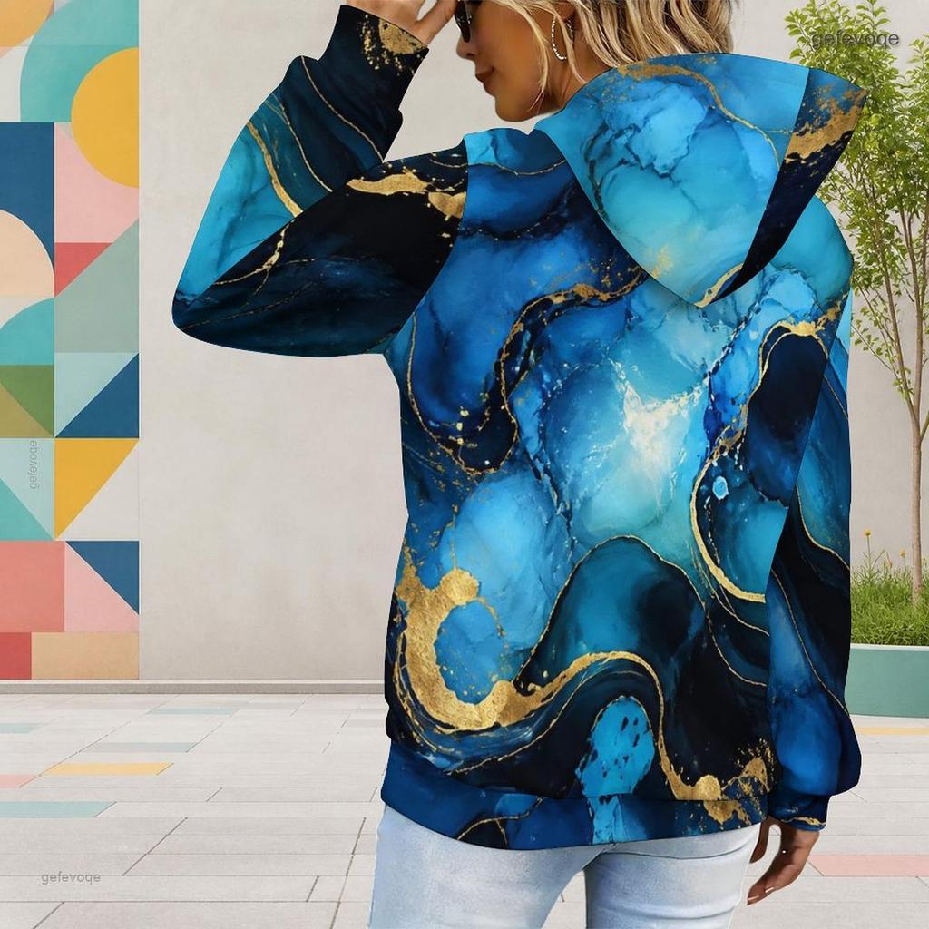 Women Plus Size Black Drawstring Hoodie Long Sleeve Blue Peony Tree Print Pullover Kangaroo Pocket