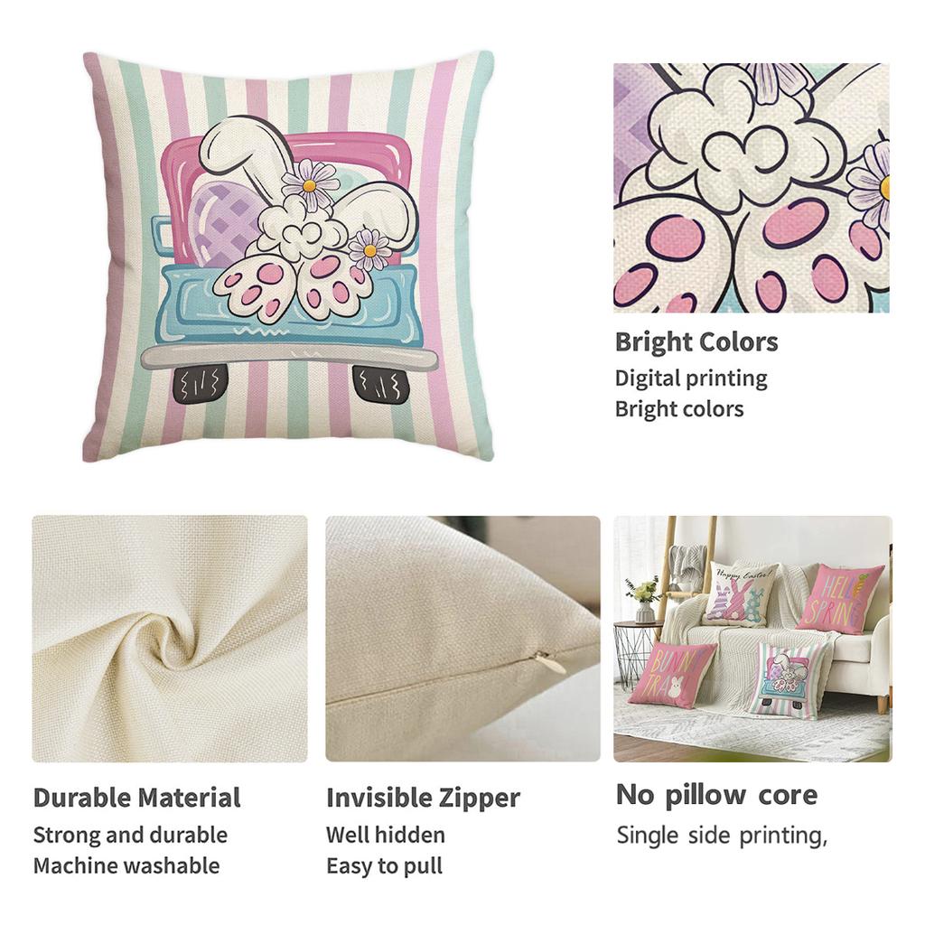 4Pcs Spring Easter Happy Pillowcase, Cute Rabbit, Plant Flowers, Easter Egg Print Home Decoration Farmhouse Sofa Cushion Cover