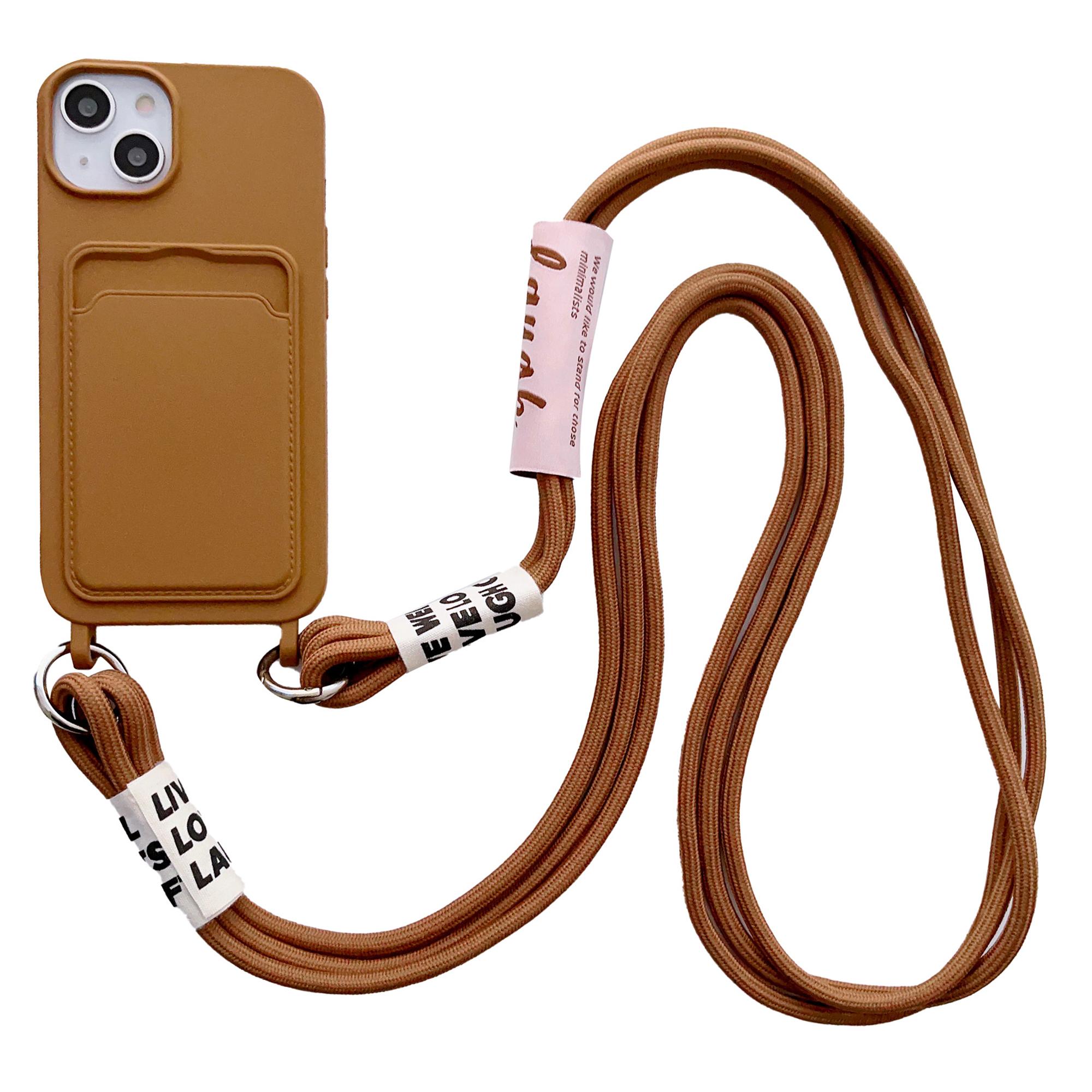 

For iPhone 15 Plus Liquid Silicone Phone Case Card Slot Protective Cover with Strap Brown