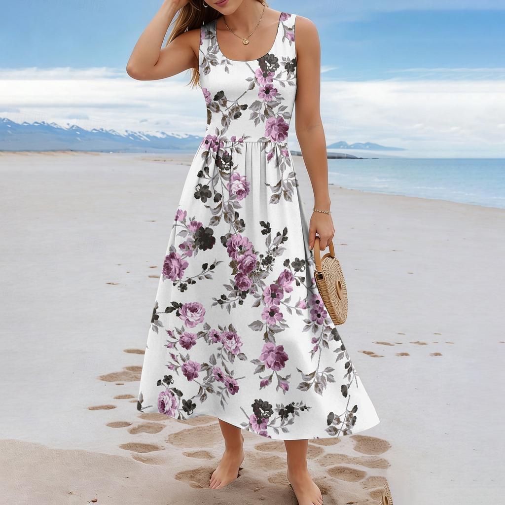 Ladies' Floral Summer Casual and Fashionable Sleeveless Long Dress