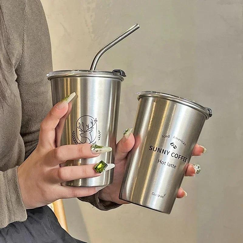 New  Stainless Steel Coffee Mug with Straw Lid Portable Coffee Cup Drinking Beer Milk Water Cup Restaurant Bar Party 500ml