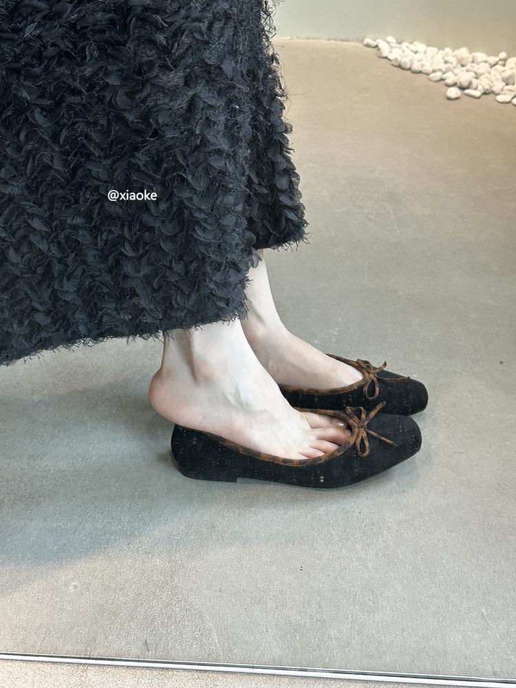 French Flat-soled Ballet Shoes Commuter Single Shoes Women's Shoes 2025 Spring and Autumn Retro Suede Bow Evening Shoes