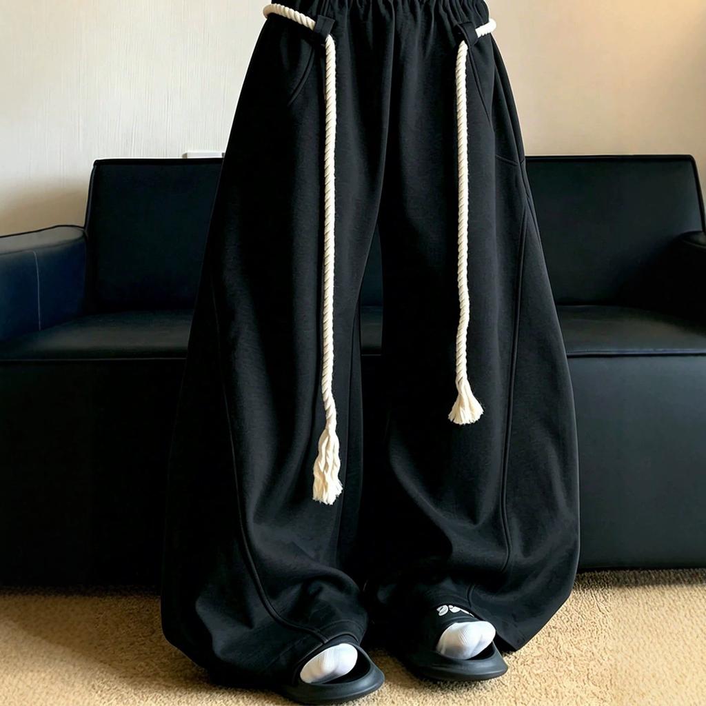 Men's Spring and Autumn Drawstring Wide Leg Mopping Pants Grey Simple Scimitar Sweatpants Trend