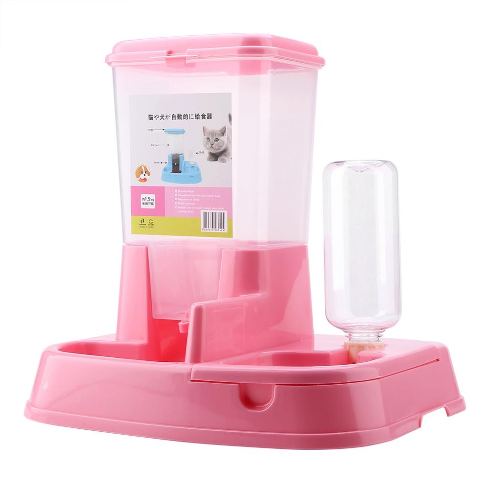 Automatic Pet Feeder Detachable Food Dispenser Water Bottle Cats Dogs Feeding Tool Pink