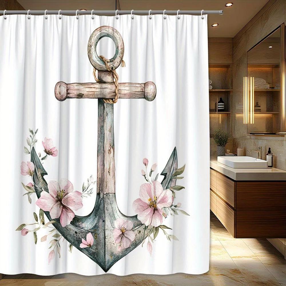 

1Pc Nautical Anchor & Floral Shower Curtain - Rustic Pink Flowers & Green Leaves Design, Durable Polyester Fabric With 12 Hooks, W60H190(CM)-1 Pcs