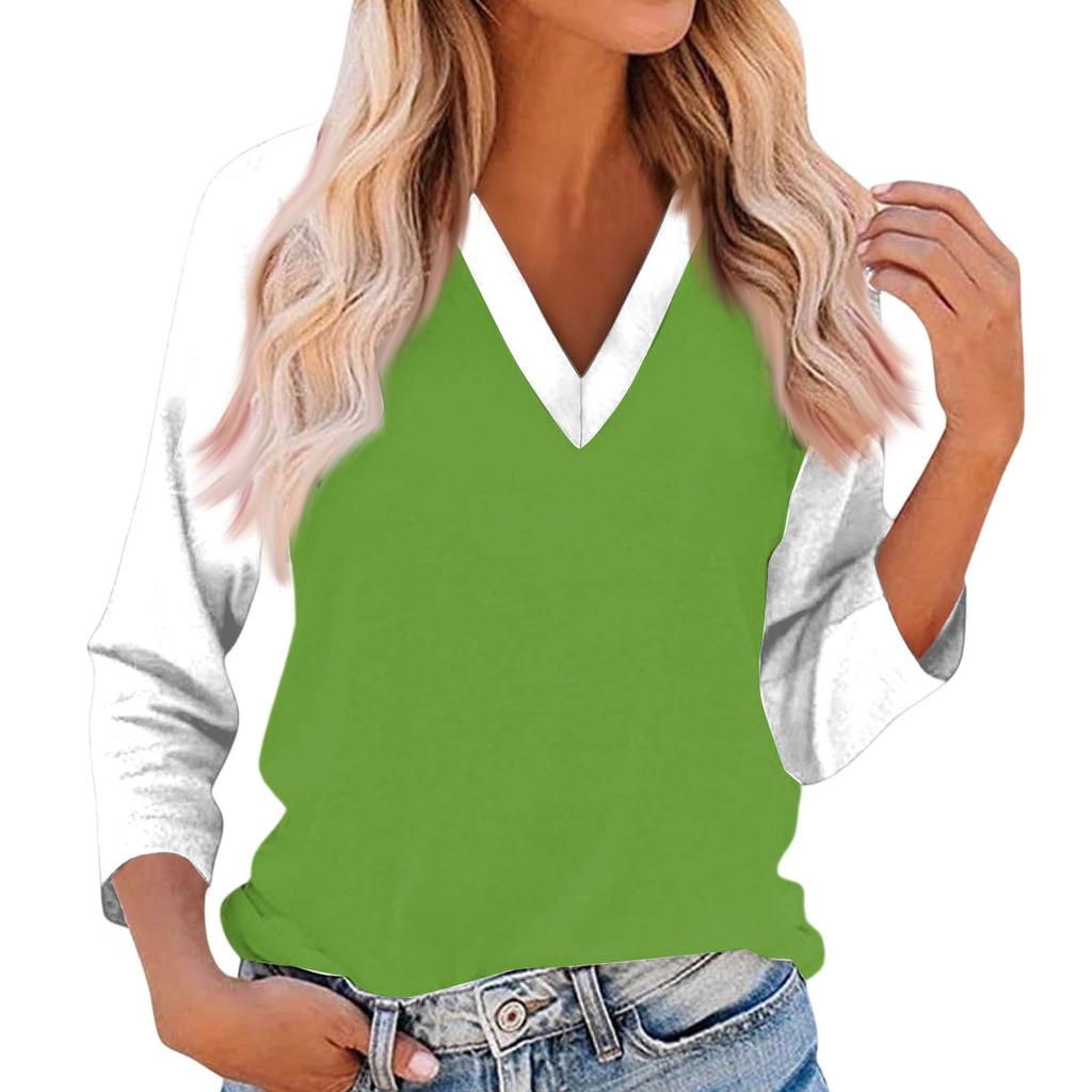 Women's Casual And Fashionable Patchwork V-Neck Top With Seven Quarter Sleeves Top